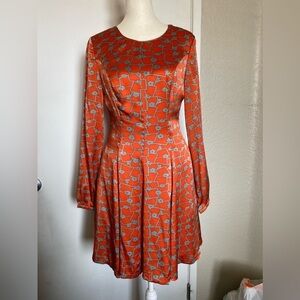 Harlyn for Anthropologie Orange and Gray Long Sleeved Fit and Flare Dress 6